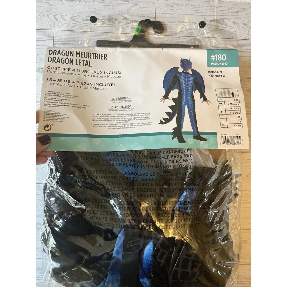 Deadly Dragon Boys‎ Kids Halloween Costume - Jumpsuit, Wings, Mask - Size M 8-10 - Picture 2 of 3